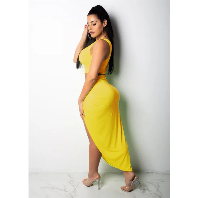 Sexy Summer Women Two Piece Set One Shoulder Sleeveless Crop Top with High Waist Side Slit Pleated Skirt Matching Streetwear Outfit