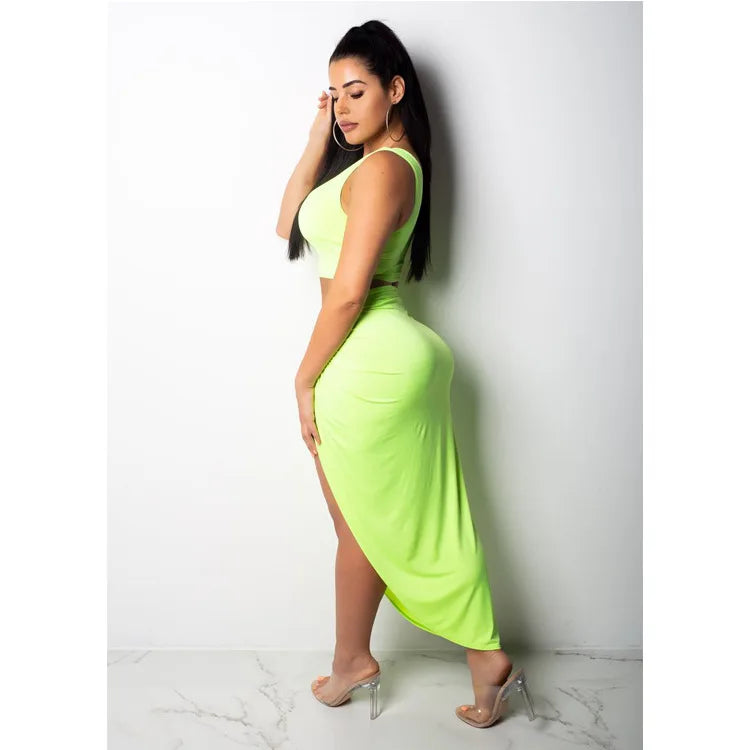 Sexy Summer Women Two Piece Set One Shoulder Sleeveless Crop Top with High Waist Side Slit Pleated Skirt Matching Streetwear Outfit