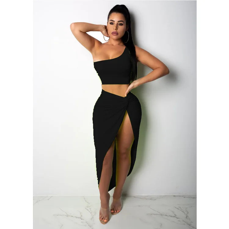 Sexy Summer Women Two Piece Set One Shoulder Sleeveless Crop Top with High Waist Side Slit Pleated Skirt Matching Streetwear Outfit