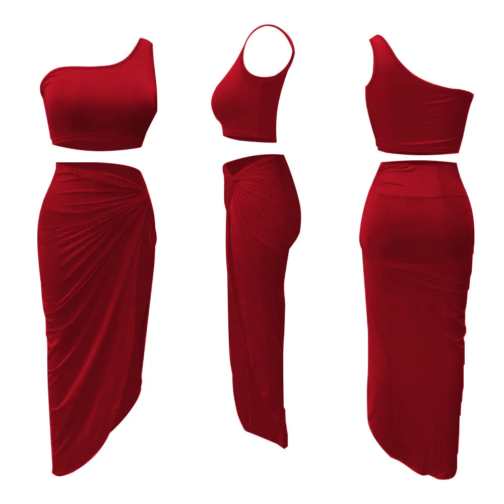 Sexy Summer Women Two Piece Set One Shoulder Sleeveless Crop Top with High Waist Side Slit Pleated Skirt Matching Streetwear Outfit