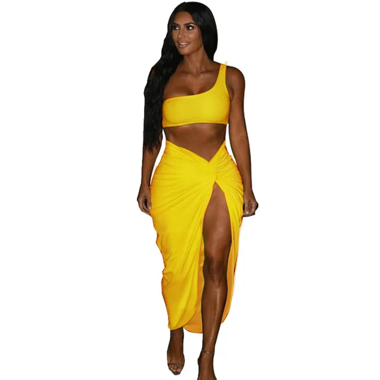 Sexy Summer Women Two Piece Set One Shoulder Sleeveless Crop Top with High Waist Side Slit Pleated Skirt Matching Streetwear Outfit