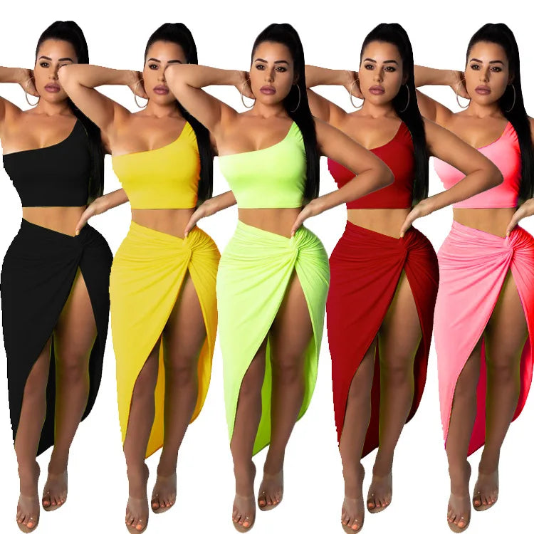 Sexy Summer Women Two Piece Set One Shoulder Sleeveless Crop Top with High Waist Side Slit Pleated Skirt Matching Streetwear Outfit