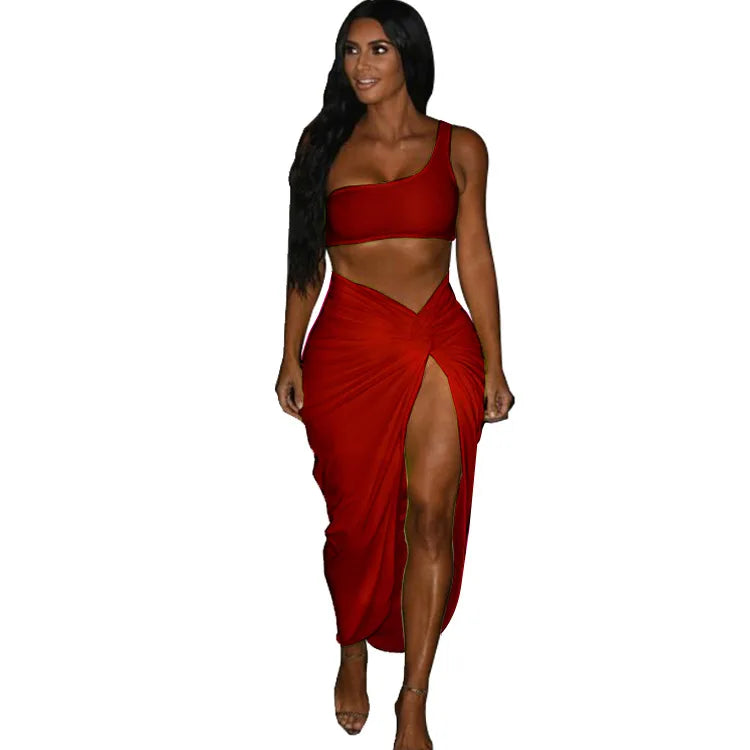 Sexy Summer Women Two Piece Set One Shoulder Sleeveless Crop Top with High Waist Side Slit Pleated Skirt Matching Streetwear Outfit