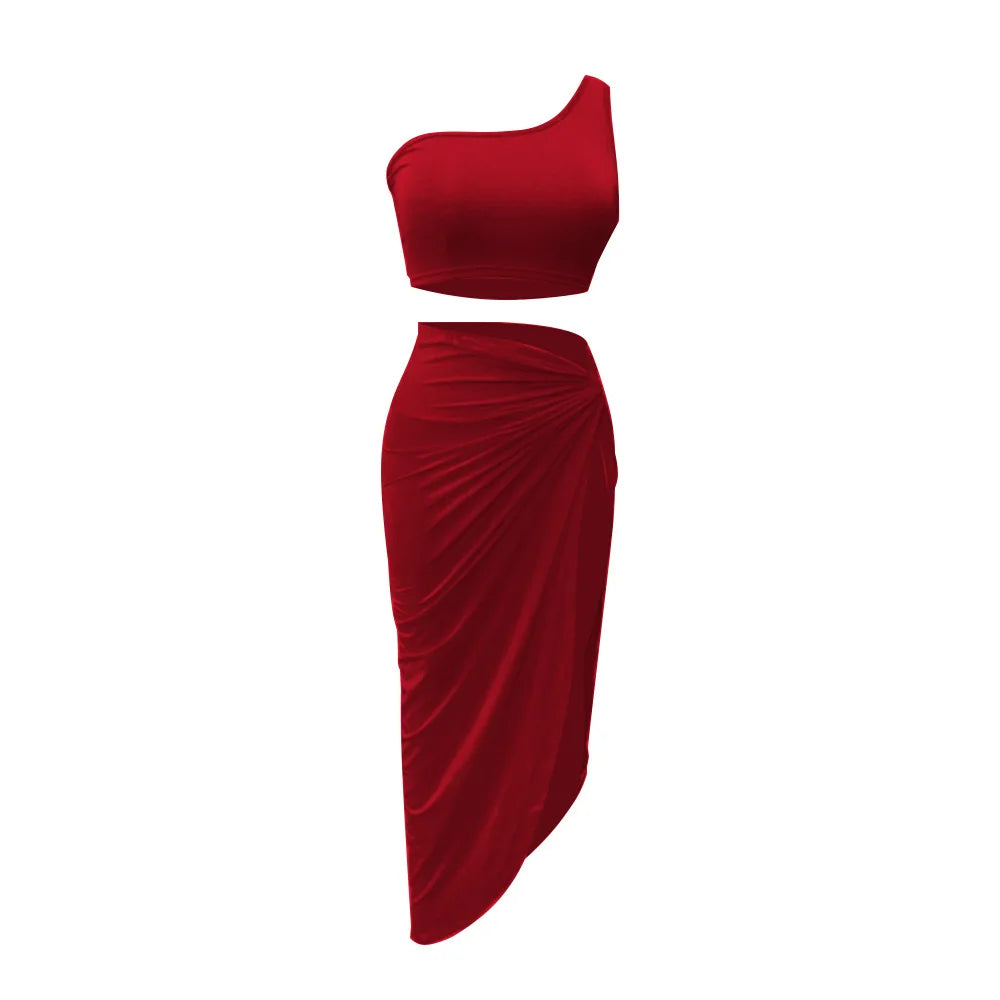 Sexy Summer Women Two Piece Set One Shoulder Sleeveless Crop Top with High Waist Side Slit Pleated Skirt Matching Streetwear Outfit