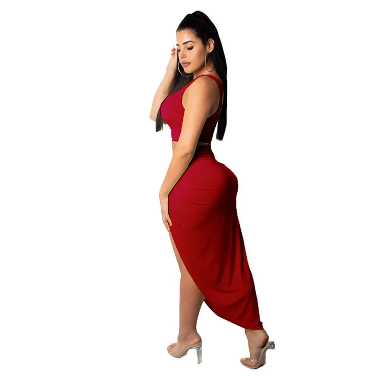 Sexy Summer Women Two Piece Set One Shoulder Sleeveless Crop Top with High Waist Side Slit Pleated Skirt Matching Streetwear Outfit