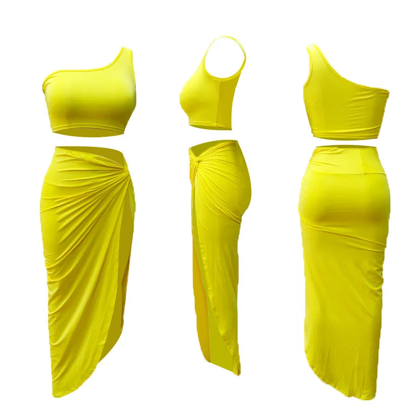 Sexy Summer Women Two Piece Set One Shoulder Sleeveless Crop Top with High Waist Side Slit Pleated Skirt Matching Streetwear Outfit