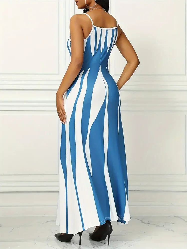 Abstract Print Maxi Dress for Women with Casual Sleeveless Spaghetti Strap Design and Flowy Fit in Multiple Sizes