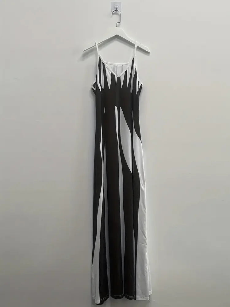 Abstract Print Maxi Dress for Women with Casual Sleeveless Spaghetti Strap Design and Flowy Fit in Multiple Sizes