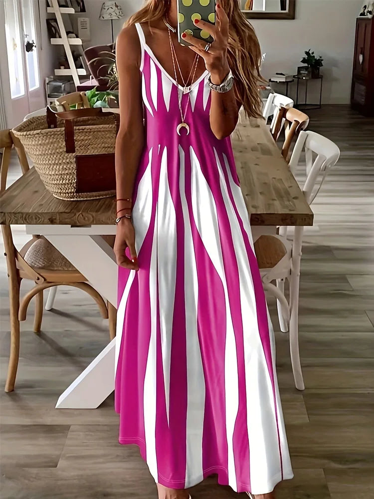 Abstract Print Maxi Dress for Women with Casual Sleeveless Spaghetti Strap Design and Flowy Fit in Multiple Sizes