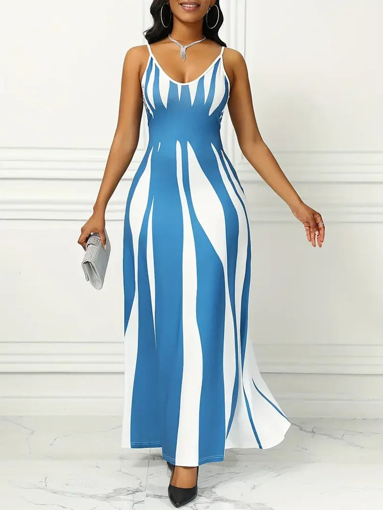 Abstract Print Maxi Dress for Women with Casual Sleeveless Spaghetti Strap Design and Flowy Fit in Multiple Sizes
