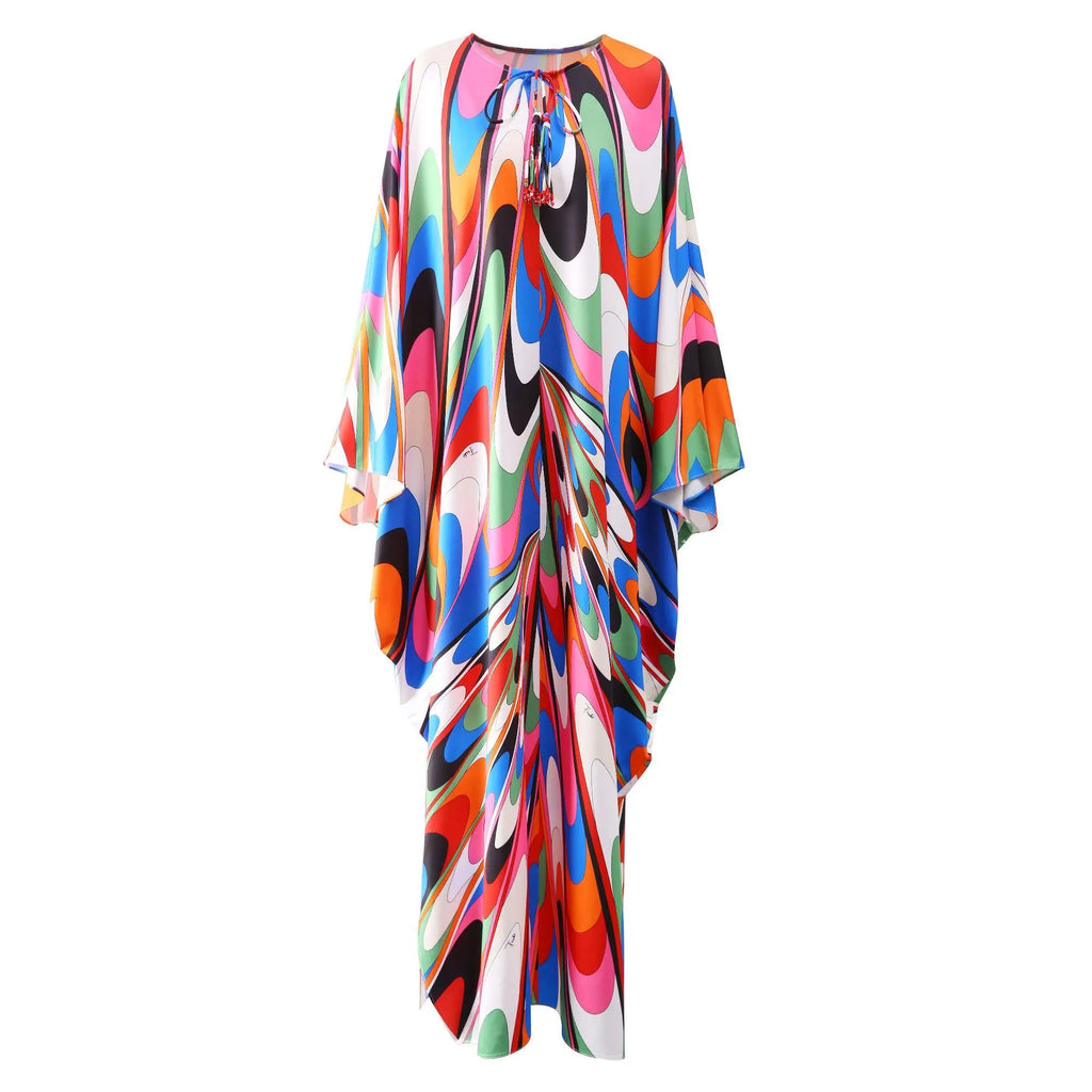 Bohemia Style Casual Dress with O-Neck Batwing Sleeves and Striped Printed Irregular Hem for Spring and Summer
