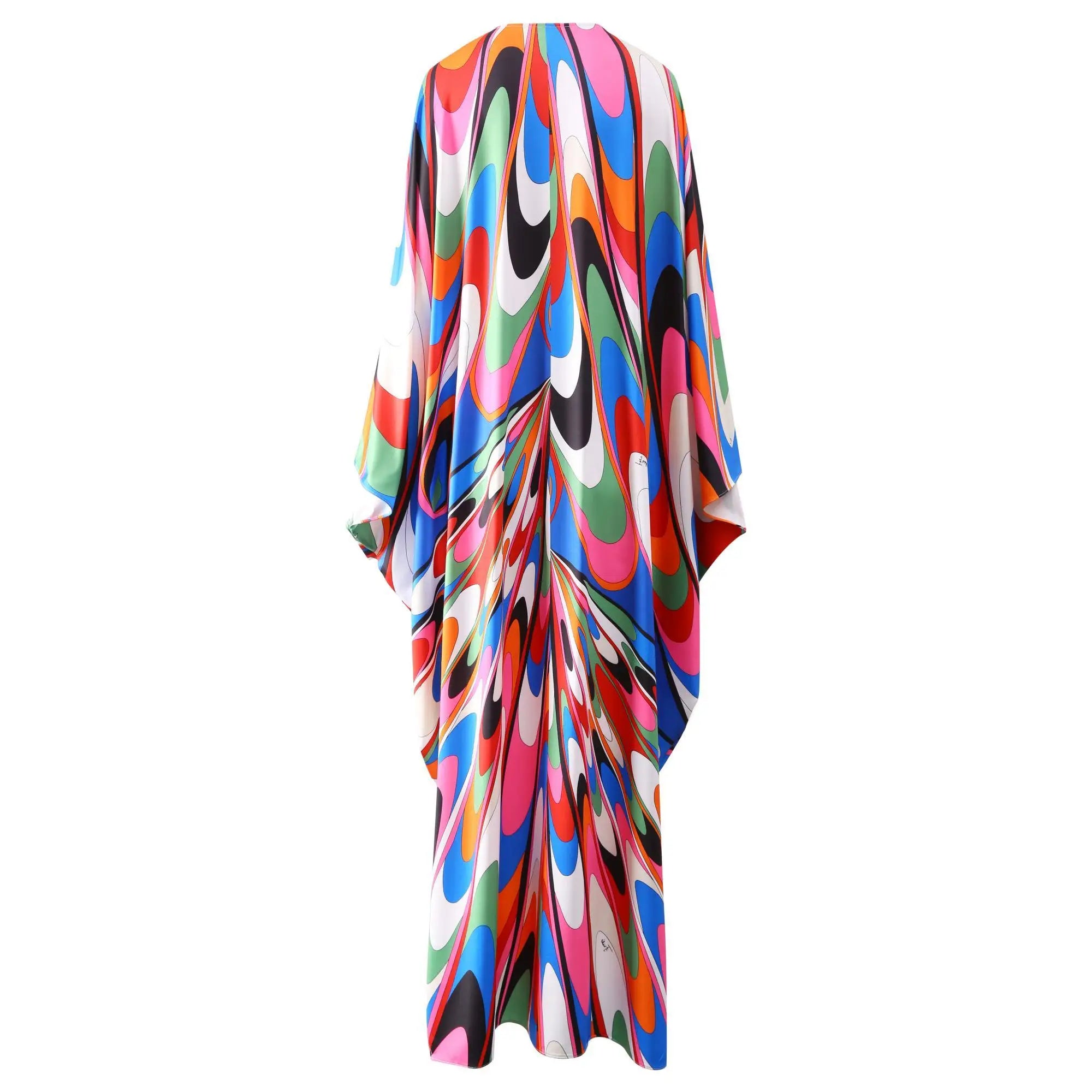 Bohemia Style Casual Dress with O-Neck Batwing Sleeves and Striped Printed Irregular Hem for Spring and Summer