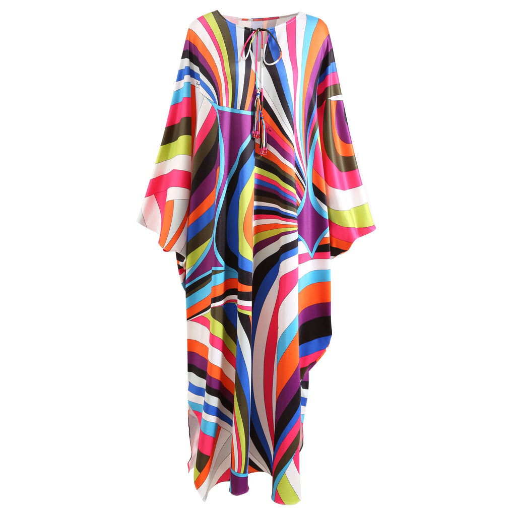 Bohemia Style Casual Dress with O-Neck Batwing Sleeves and Striped Printed Irregular Hem for Spring and Summer