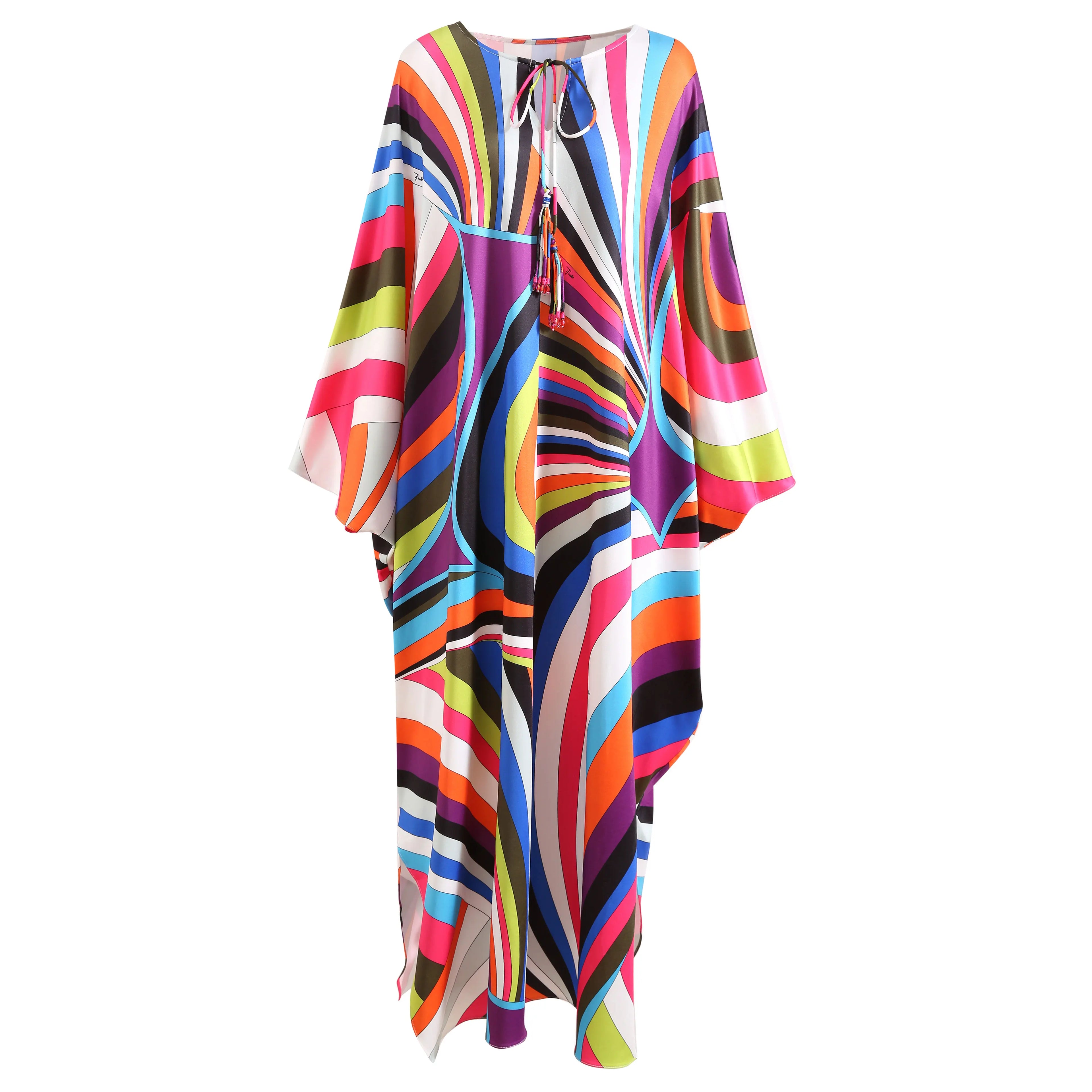 Bohemia Style Casual Dress with O-Neck Batwing Sleeves and Striped Printed Irregular Hem for Spring and Summer