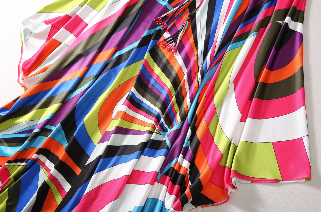 Bohemia Style Casual Dress with O-Neck Batwing Sleeves and Striped Printed Irregular Hem for Spring and Summer