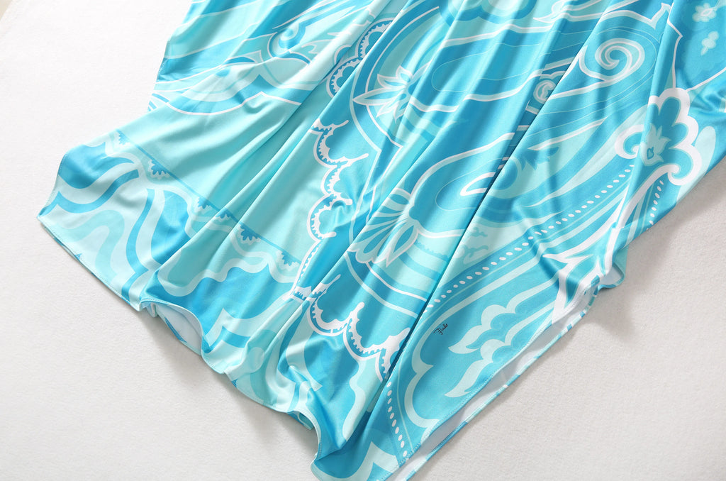 Bohemia Style Casual Dress with O-Neck Batwing Sleeves and Striped Printed Irregular Hem for Spring and Summer