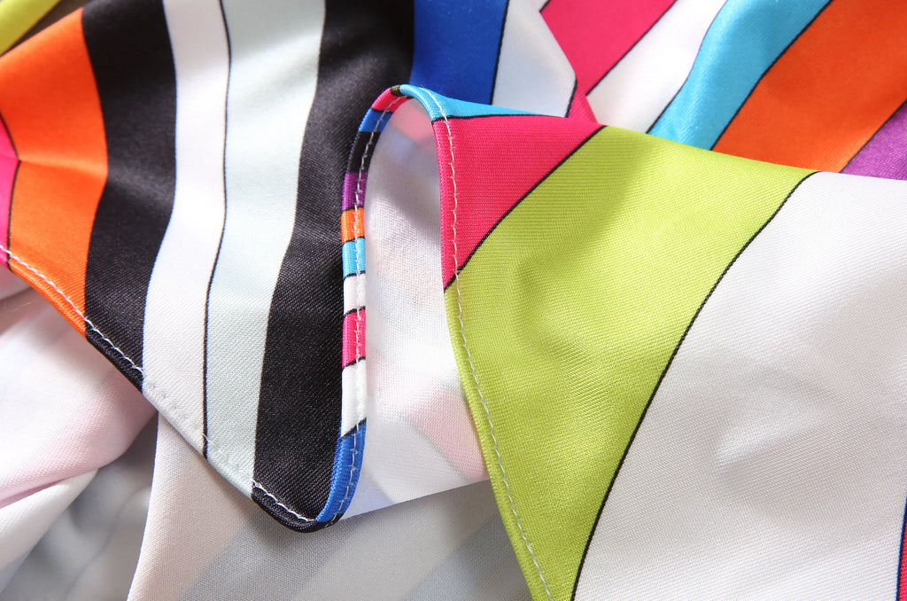 Bohemia Style Casual Dress with O-Neck Batwing Sleeves and Striped Printed Irregular Hem for Spring and Summer