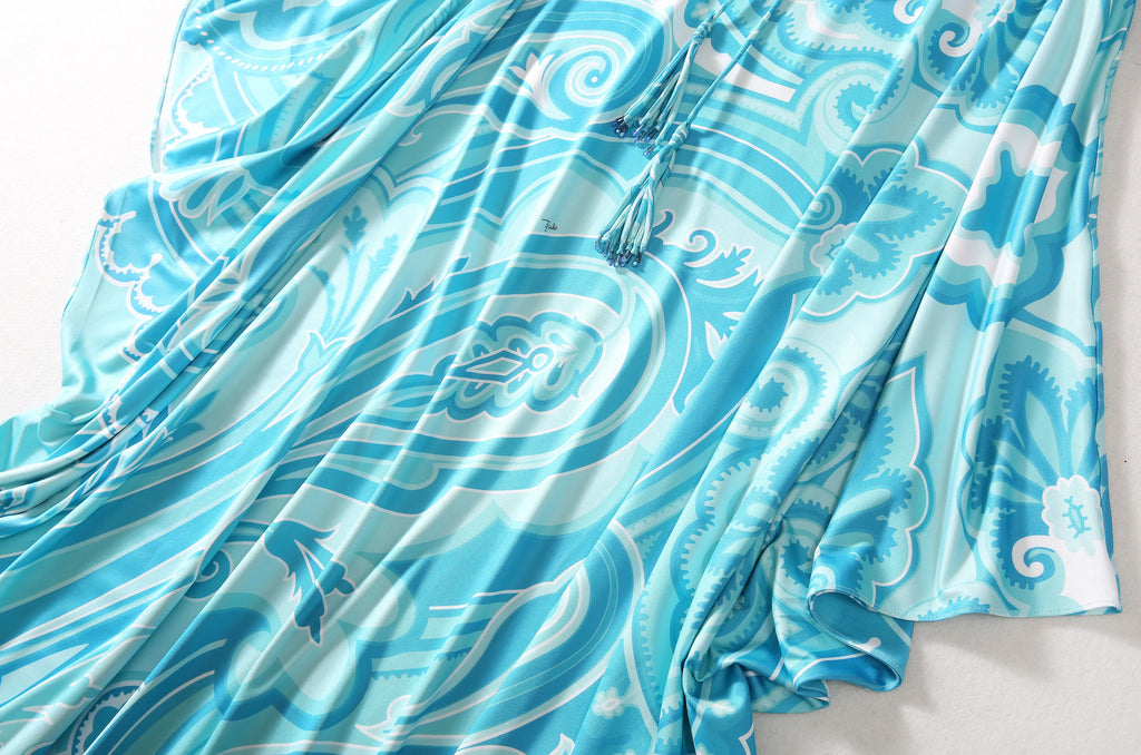 Bohemia Style Casual Dress with O-Neck Batwing Sleeves and Striped Printed Irregular Hem for Spring and Summer