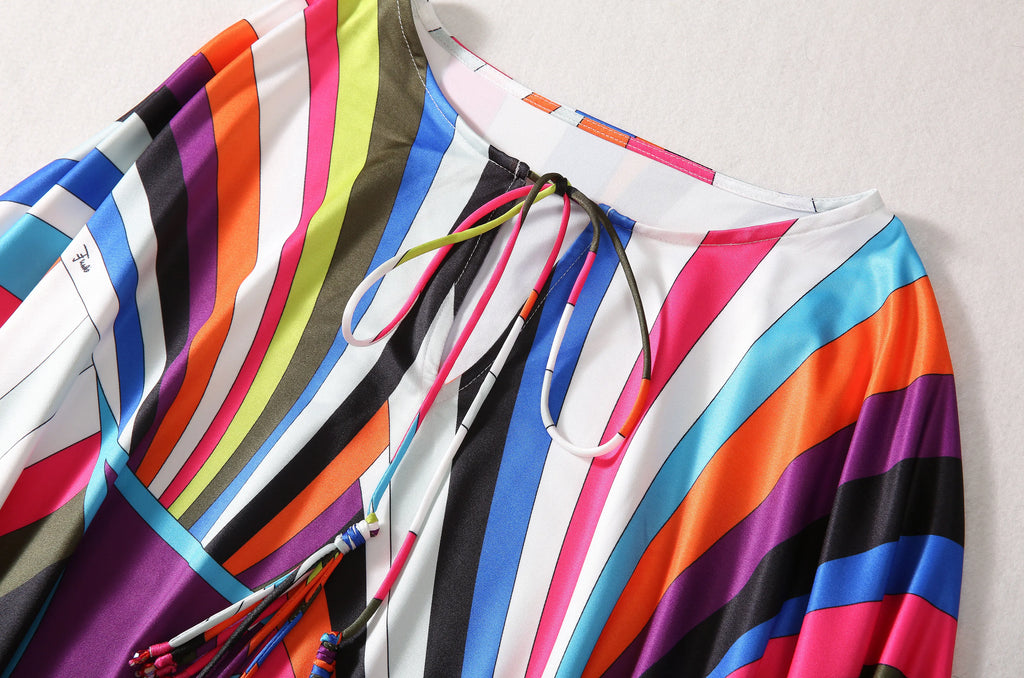 Bohemia Style Casual Dress with O-Neck Batwing Sleeves and Striped Printed Irregular Hem for Spring and Summer