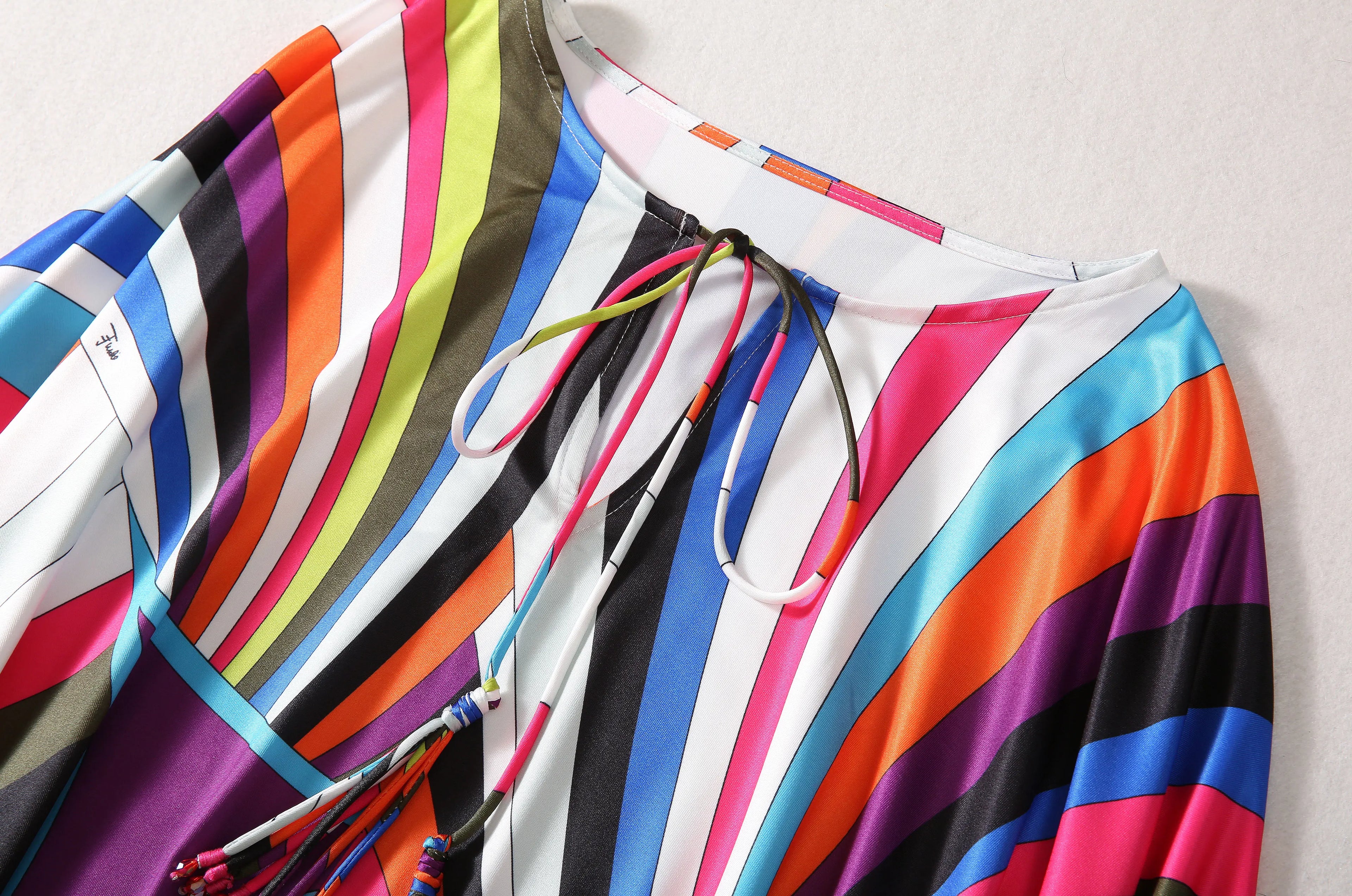 Bohemia Style Casual Dress with O-Neck Batwing Sleeves and Striped Printed Irregular Hem for Spring and Summer