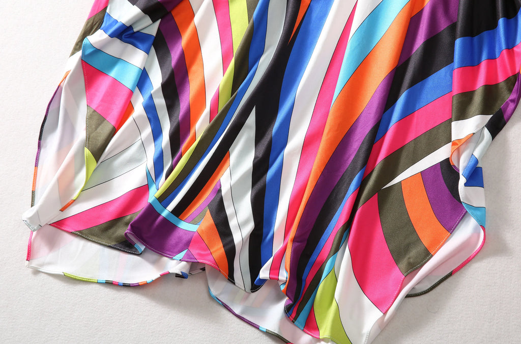 Bohemia Style Casual Dress with O-Neck Batwing Sleeves and Striped Printed Irregular Hem for Spring and Summer