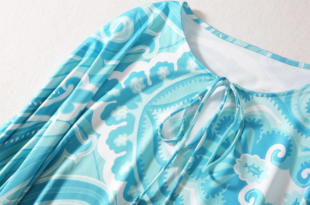 Bohemia Style Casual Dress with O-Neck Batwing Sleeves and Striped Printed Irregular Hem for Spring and Summer