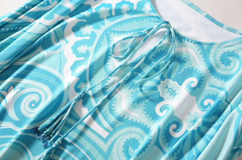 Bohemia Style Casual Dress with O-Neck Batwing Sleeves and Striped Printed Irregular Hem for Spring and Summer