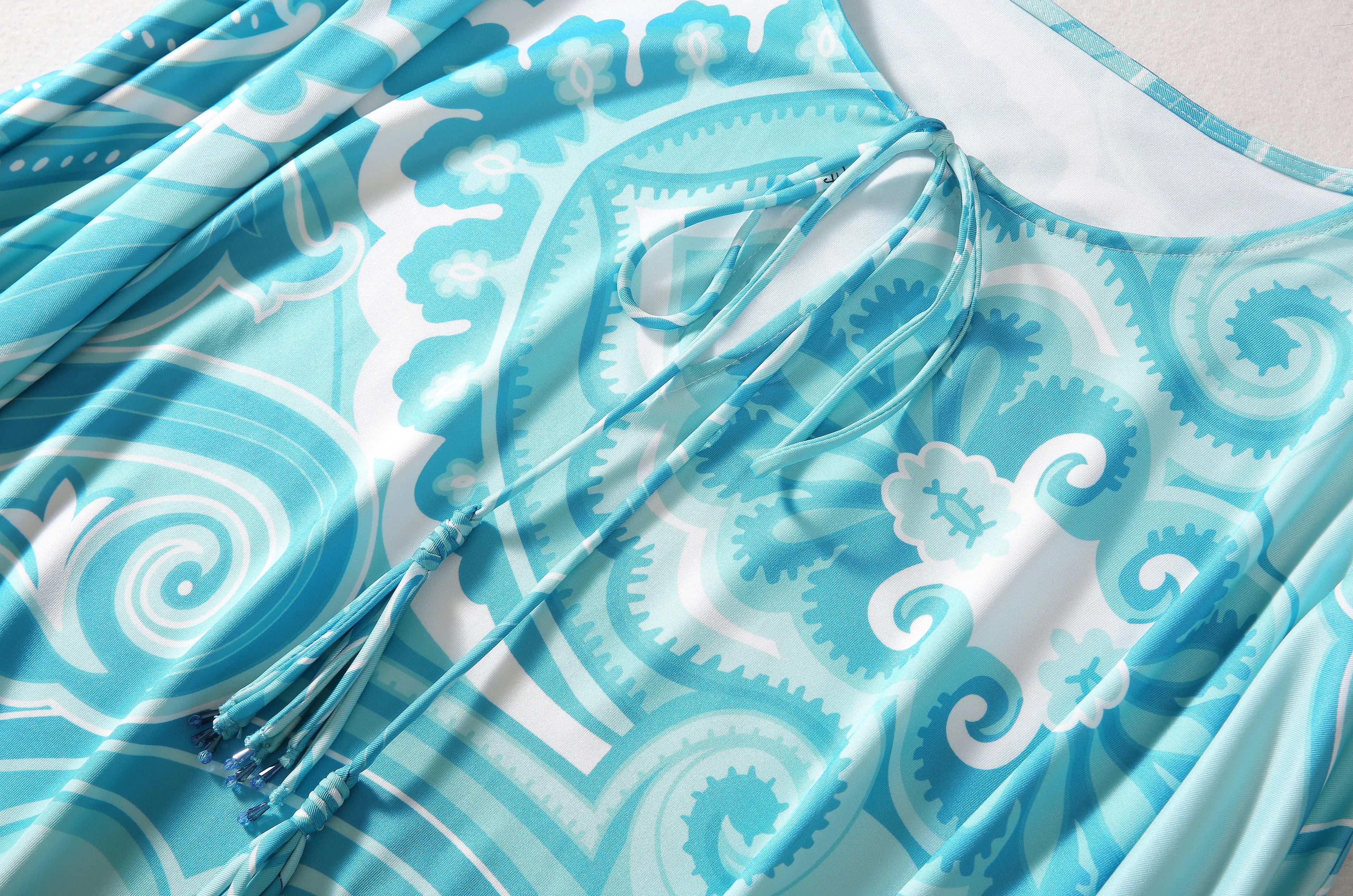 Bohemia Style Casual Dress with O-Neck Batwing Sleeves and Striped Printed Irregular Hem for Spring and Summer