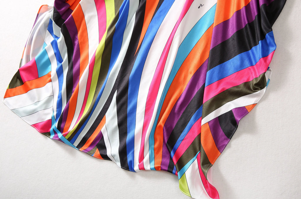 Bohemia Style Casual Dress with O-Neck Batwing Sleeves and Striped Printed Irregular Hem for Spring and Summer