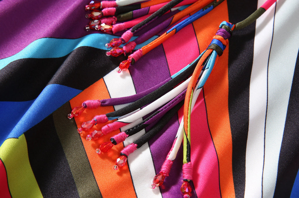 Bohemia Style Casual Dress with O-Neck Batwing Sleeves and Striped Printed Irregular Hem for Spring and Summer