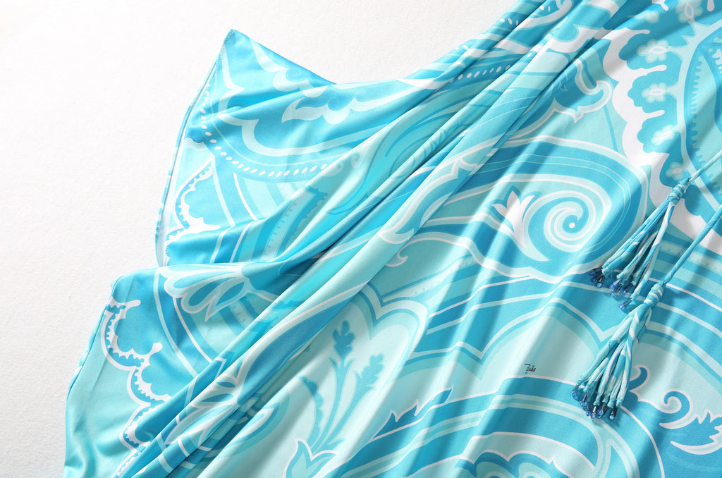 Bohemia Style Casual Dress with O-Neck Batwing Sleeves and Striped Printed Irregular Hem for Spring and Summer