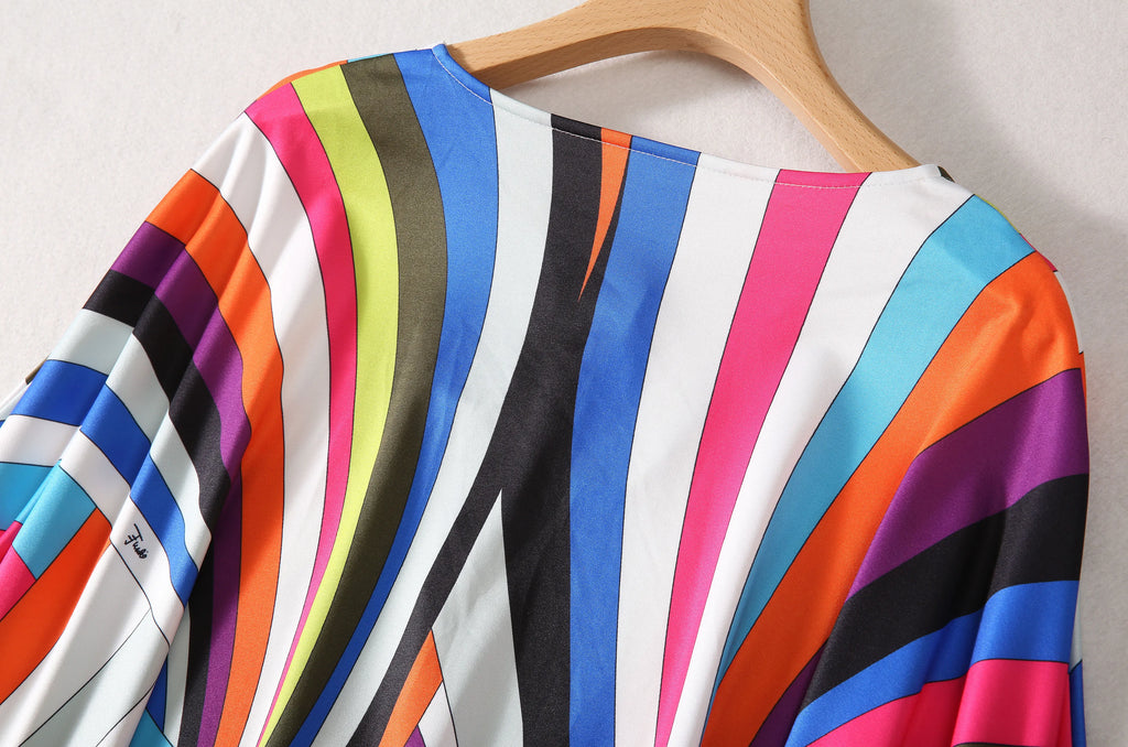 Bohemia Style Casual Dress with O-Neck Batwing Sleeves and Striped Printed Irregular Hem for Spring and Summer