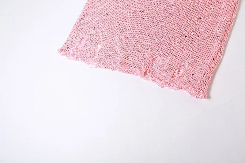 See Through Hollow Out Sequins Knit Bodycon Dress Suit Women Long Sleeve Crop Top and Mini Skirt Matching Set for Summer Beach Outfits