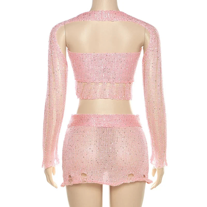 See Through Hollow Out Sequins Knit Bodycon Dress Suit Women Long Sleeve Crop Top and Mini Skirt Matching Set for Summer Beach Outfits