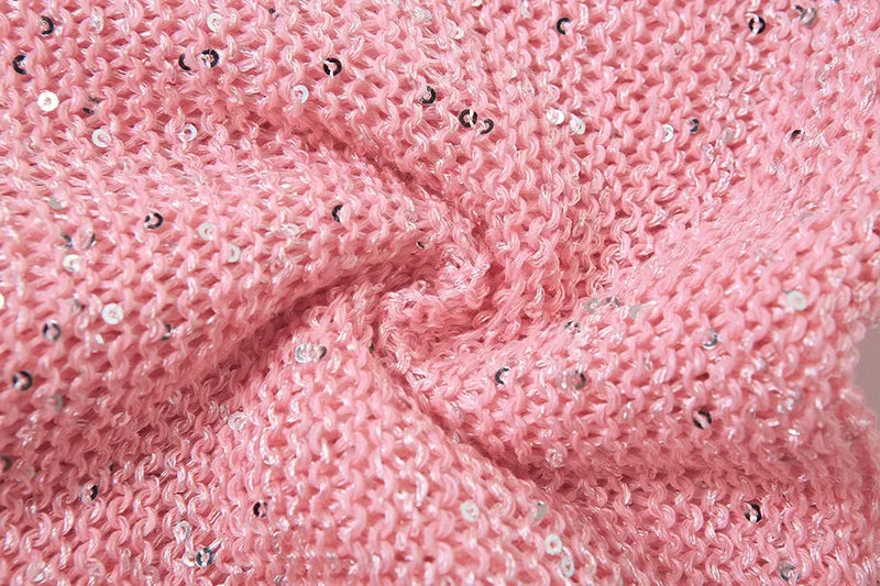 See Through Hollow Out Sequins Knit Bodycon Dress Suit Women Long Sleeve Crop Top and Mini Skirt Matching Set for Summer Beach Outfits