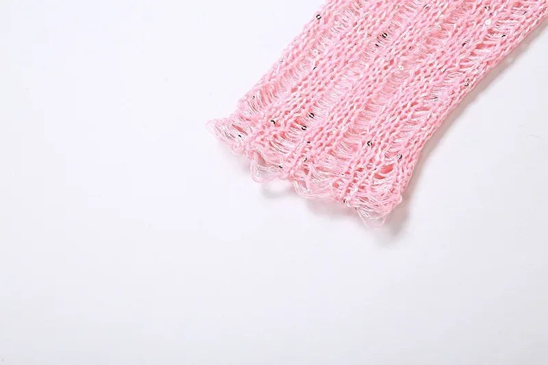 See Through Hollow Out Sequins Knit Bodycon Dress Suit Women Long Sleeve Crop Top and Mini Skirt Matching Set for Summer Beach Outfits