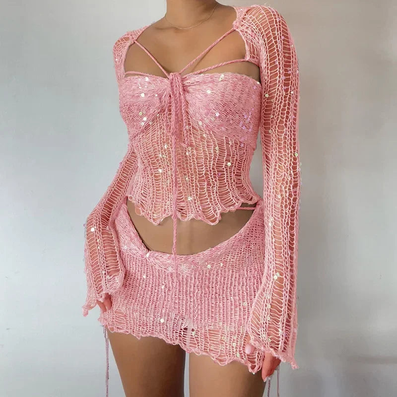 See Through Hollow Out Sequins Knit Bodycon Dress Suit Women Long Sleeve Crop Top and Mini Skirt Matching Set for Summer Beach Outfits