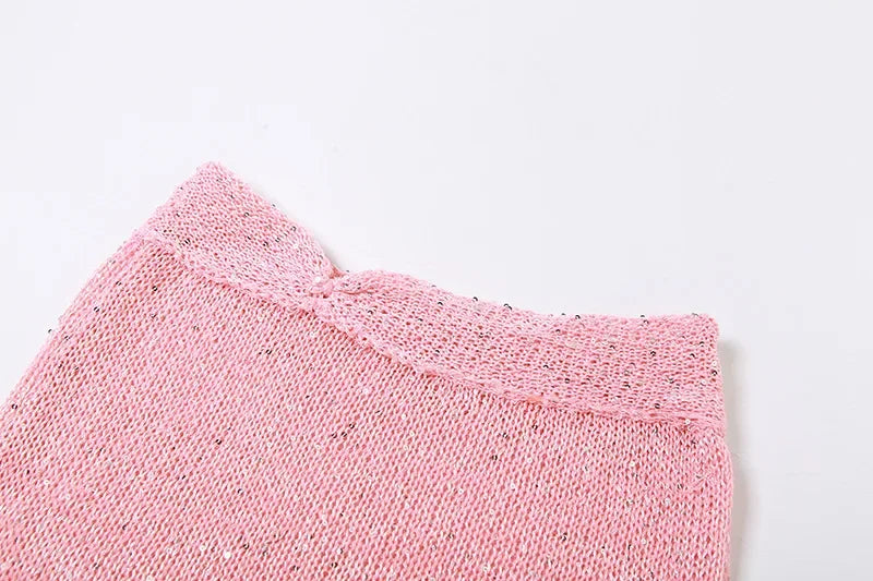 See Through Hollow Out Sequins Knit Bodycon Dress Suit Women Long Sleeve Crop Top and Mini Skirt Matching Set for Summer Beach Outfits