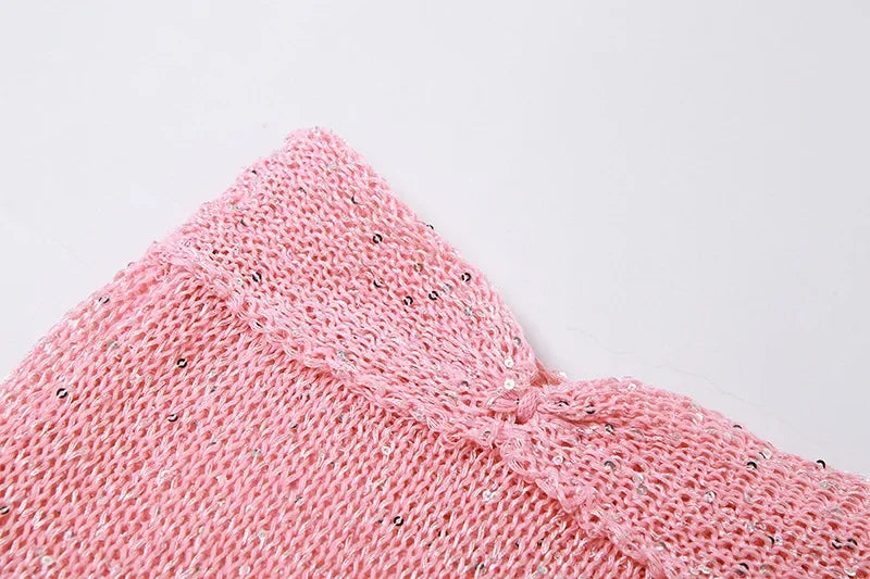 See Through Hollow Out Sequins Knit Bodycon Dress Suit Women Long Sleeve Crop Top and Mini Skirt Matching Set for Summer Beach Outfits