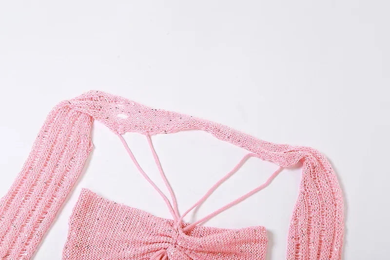 See Through Hollow Out Sequins Knit Bodycon Dress Suit Women Long Sleeve Crop Top and Mini Skirt Matching Set for Summer Beach Outfits