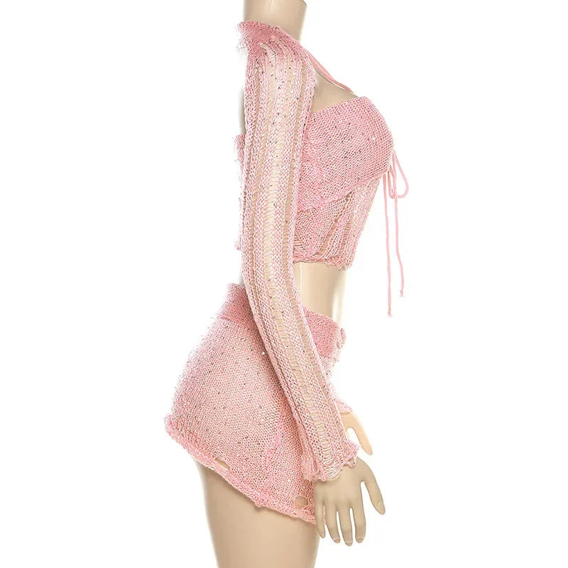 See Through Hollow Out Sequins Knit Bodycon Dress Suit Women Long Sleeve Crop Top and Mini Skirt Matching Set for Summer Beach Outfits