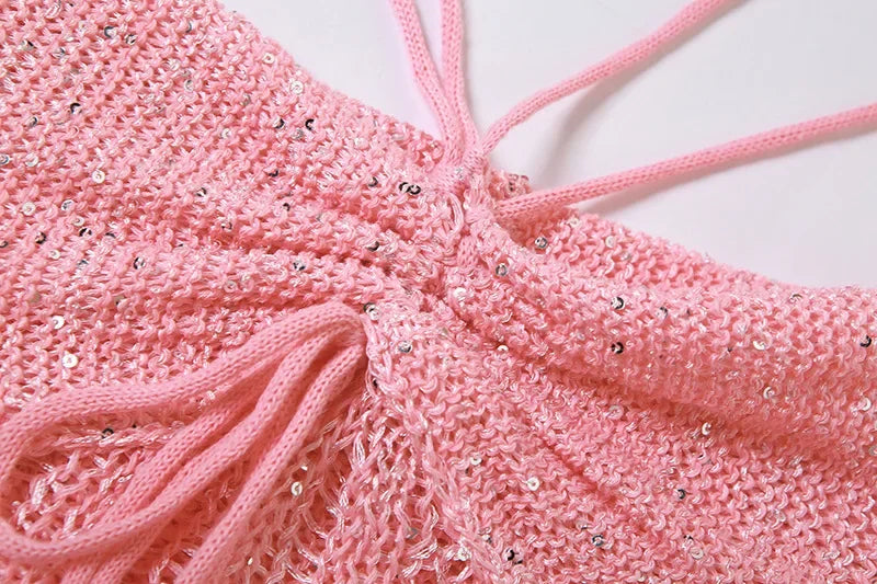 See Through Hollow Out Sequins Knit Bodycon Dress Suit Women Long Sleeve Crop Top and Mini Skirt Matching Set for Summer Beach Outfits