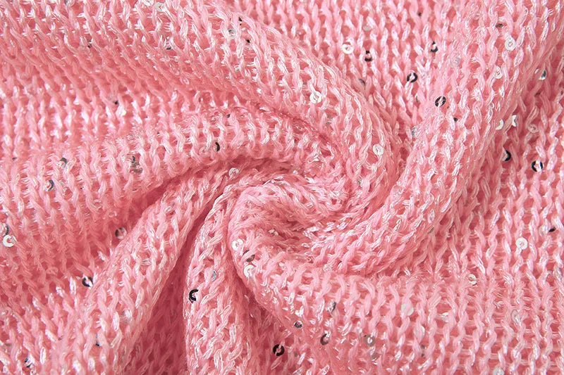 See Through Hollow Out Sequins Knit Bodycon Dress Suit Women Long Sleeve Crop Top and Mini Skirt Matching Set for Summer Beach Outfits