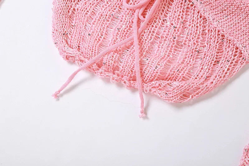 See Through Hollow Out Sequins Knit Bodycon Dress Suit Women Long Sleeve Crop Top and Mini Skirt Matching Set for Summer Beach Outfits