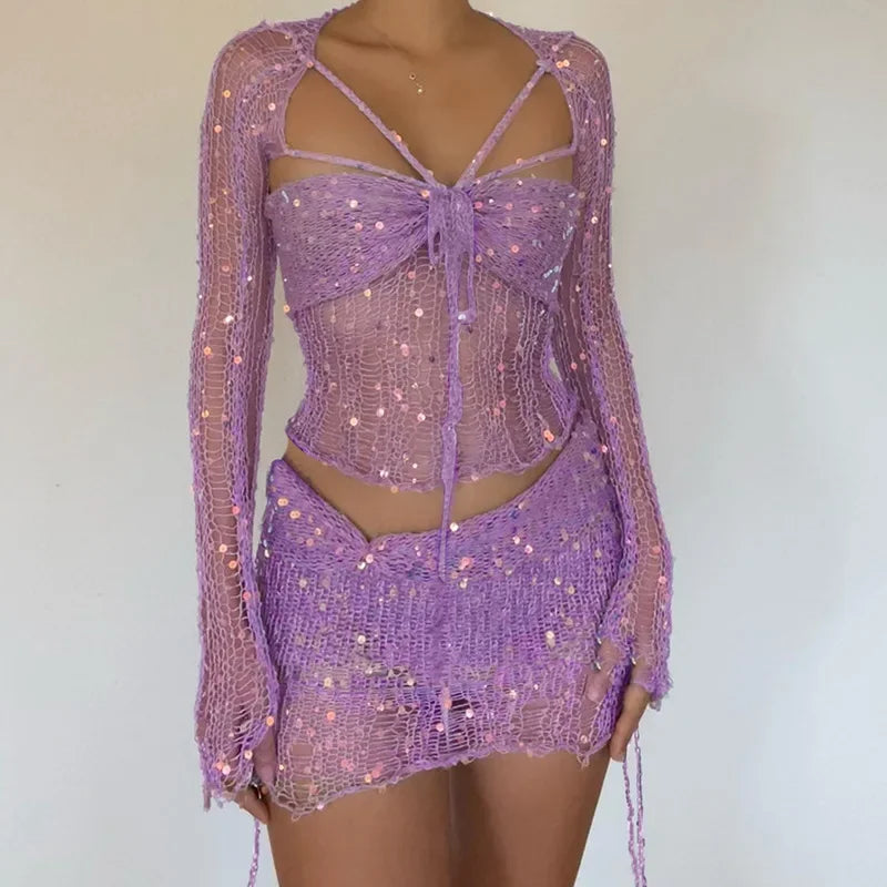 See Through Hollow Out Sequins Knit Bodycon Dress Suit Women Long Sleeve Crop Top and Mini Skirt Matching Set for Summer Beach Outfits