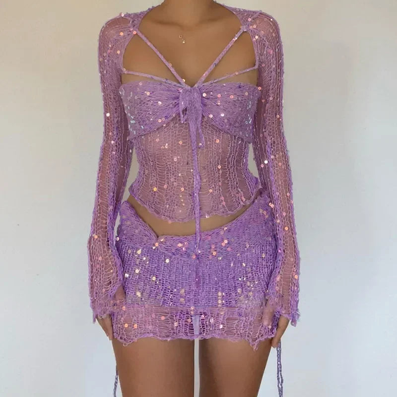 See Through Hollow Out Sequins Knit Bodycon Dress Suit Women Long Sleeve Crop Top and Mini Skirt Matching Set for Summer Beach Outfits