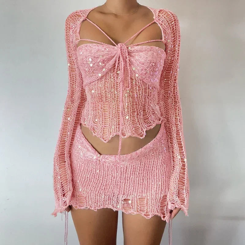 See Through Hollow Out Sequins Knit Bodycon Dress Suit Women Long Sleeve Crop Top and Mini Skirt Matching Set for Summer Beach Outfits