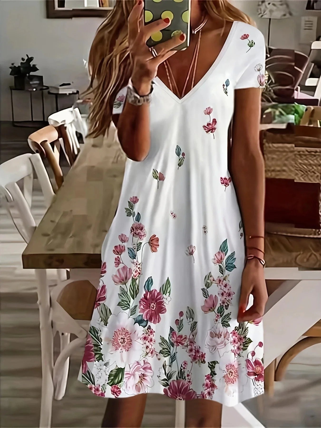 Chic Ditsy Floral Knee-High Dress with V-Neck and All-Season Style, Easy-Care Polyester Lining, Comfortable Mid-Elasticity Fabric
