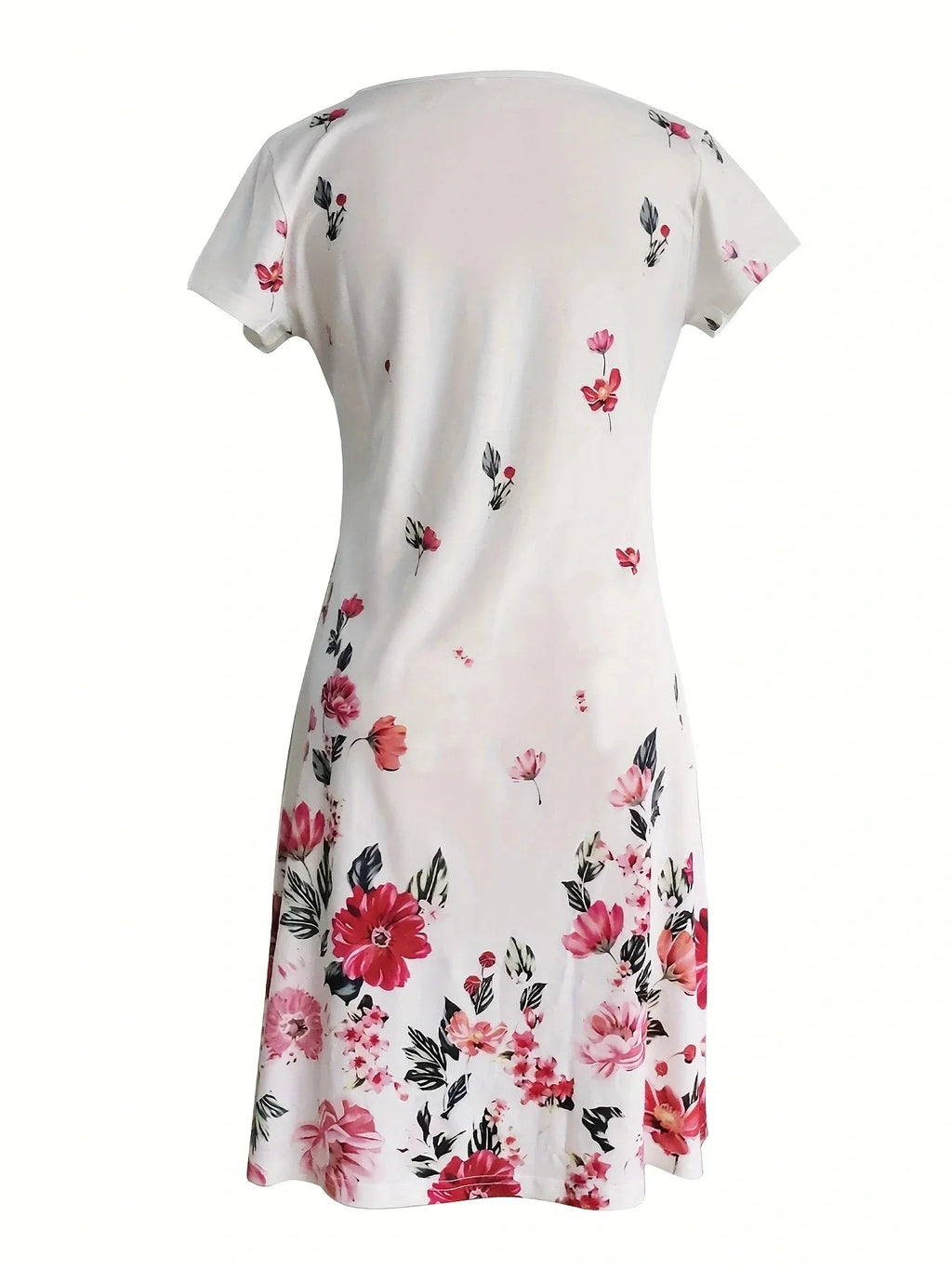 Chic Ditsy Floral Knee-High Dress with V-Neck and All-Season Style, Easy-Care Polyester Lining, Comfortable Mid-Elasticity Fabric