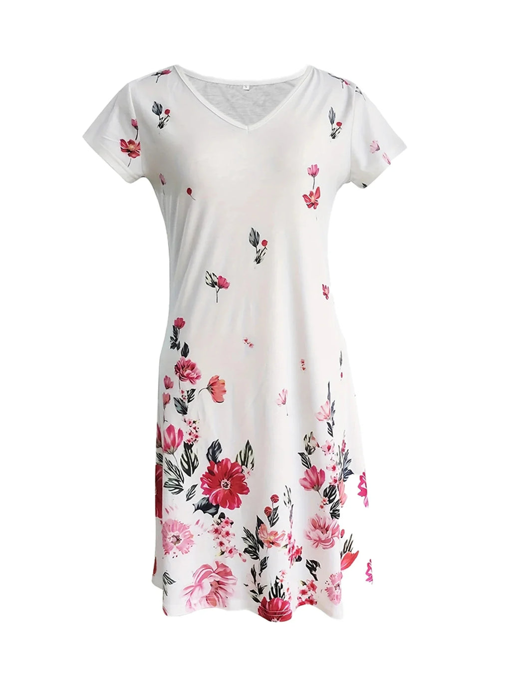 Chic Ditsy Floral Knee-High Dress with V-Neck and All-Season Style, Easy-Care Polyester Lining, Comfortable Mid-Elasticity Fabric